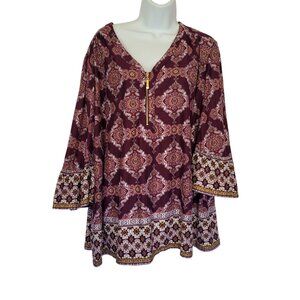 Roz & Ali Tunic Top 3XL Plum Paisley Floral Quarter Zip Stretch Blouse Plus Size